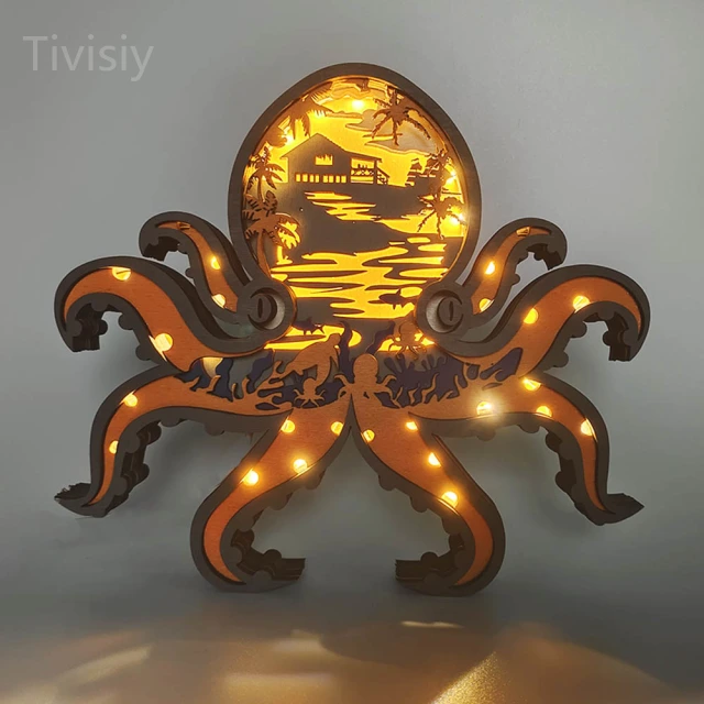 Octopus Wooden Animal Statues, for Home Desktop & Room Wall Decor, Gift for Men and Kids